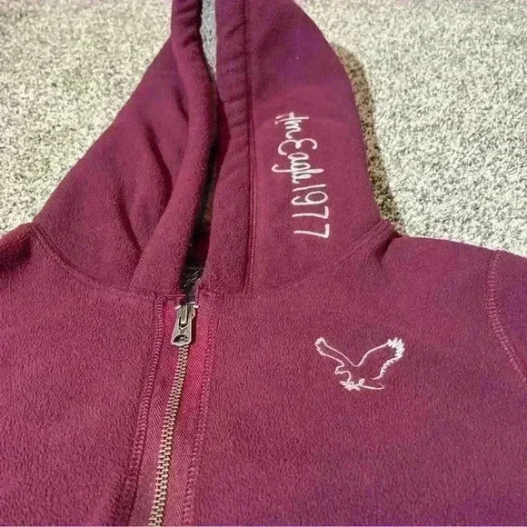American Eagle Maroon Fleece Hooded Jacket Sherpa Lined-Small - Picture 3 of 9